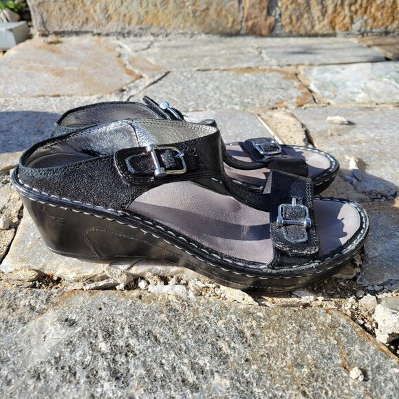 Alegria Black Leather Buckle Lara Pewter Slip On Wedge Heel Sandals Size 37 - Picture 3 of 11